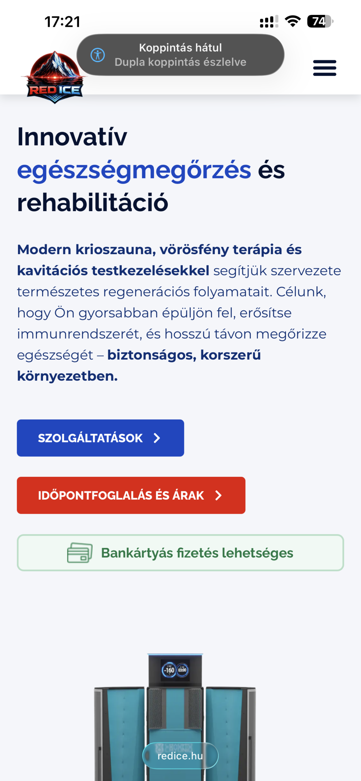RedIce Egészségközpont mobil nézet